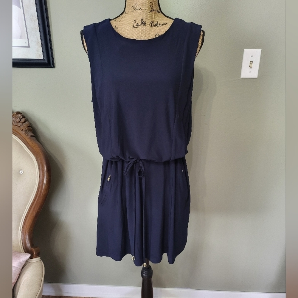 Emma & Michele Navy Sleeveless Shorts Romper with Gold Zipper pockets